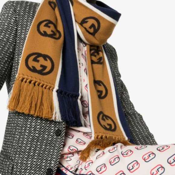 Gucci GG Stripe Scarf in Navy and Brown - Picture 3 of 3